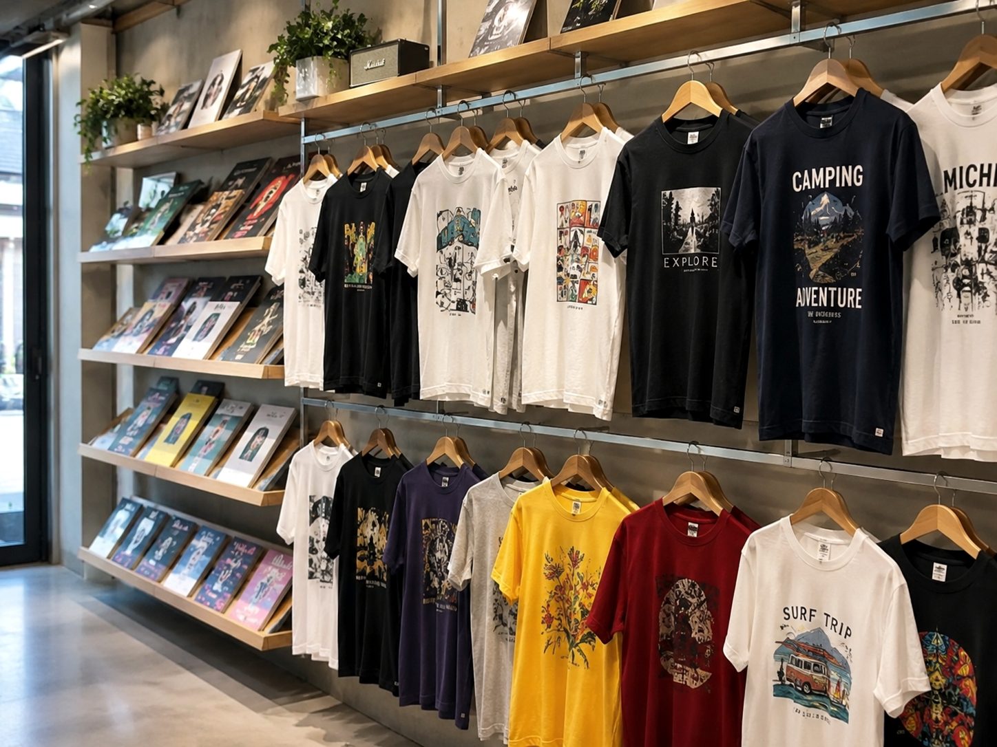 プリントTシャツが並ぶディスプレイ